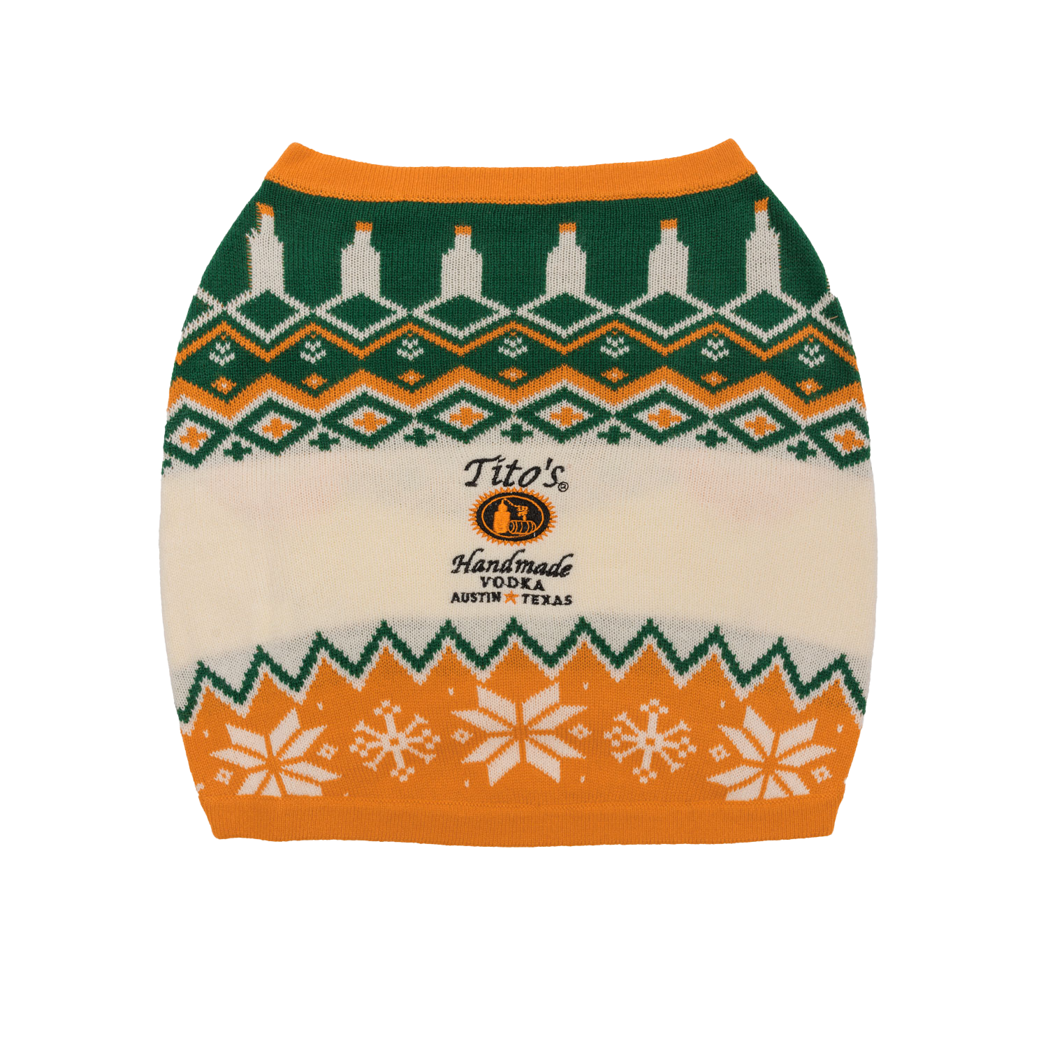 Back view of a patterned orange, white, and green dog sweater with a Tito's Handmade Vodka logo embroidered in the center