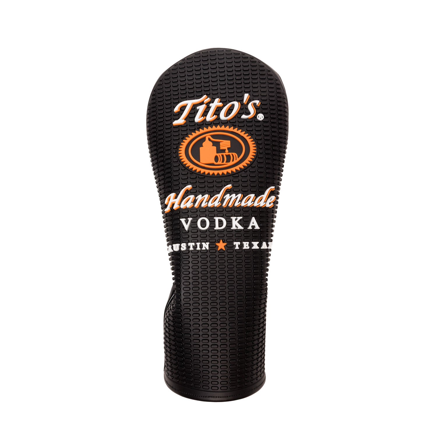 Black rubber golf head cover with Tito's Handmade Vodka logo