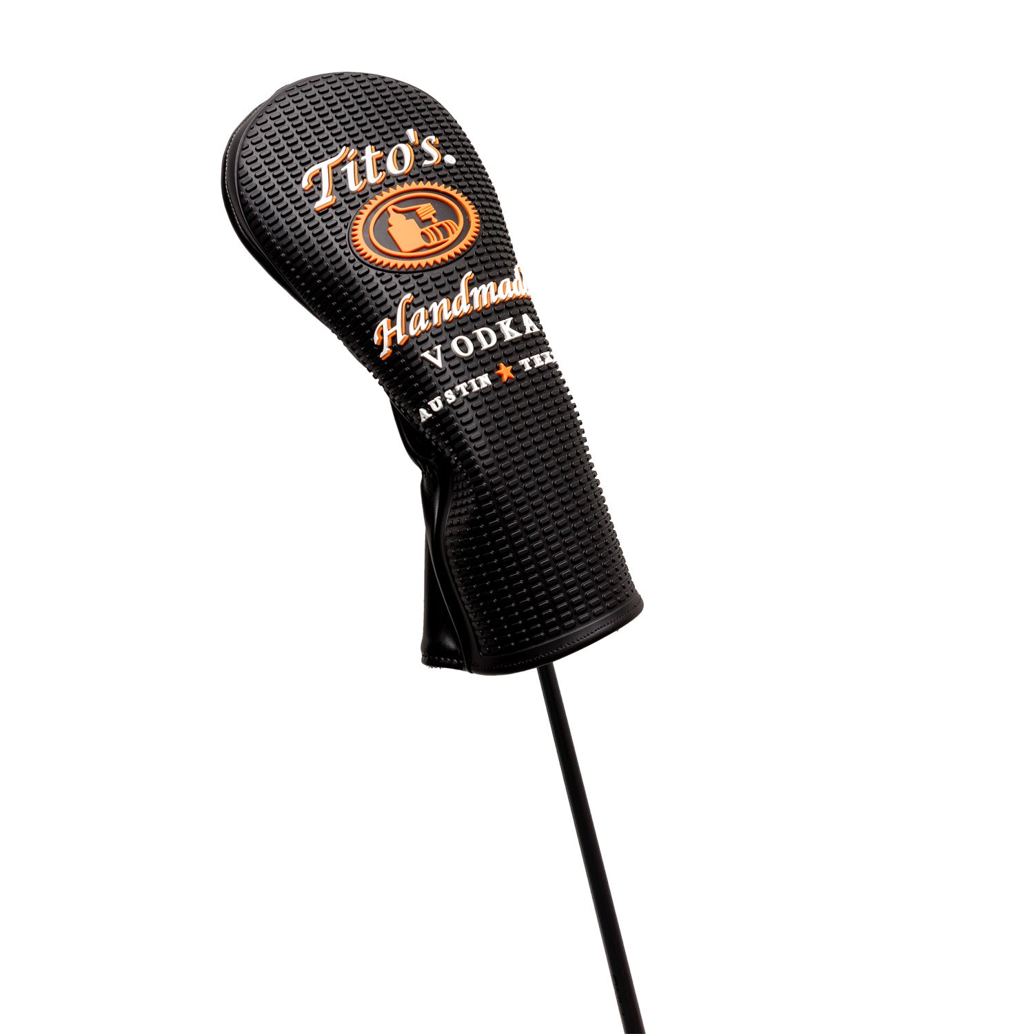Black rubber bar mat golf club head cover with Tito's Handmade Vodka logo on a golf club
