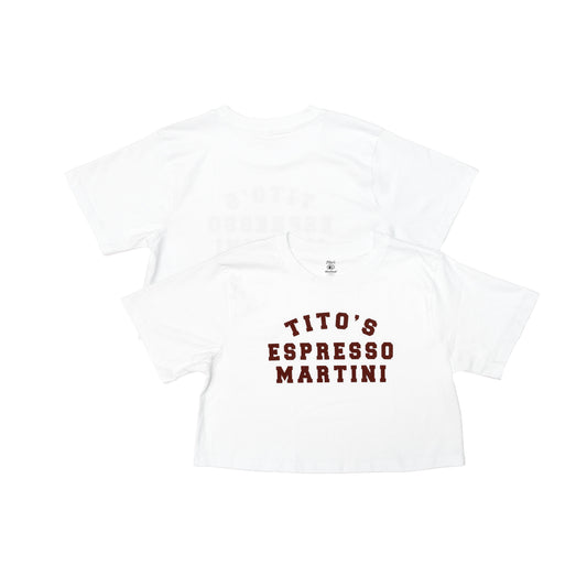Front and back view of white crop top with brown text saying "Tito's Espresso Martini"