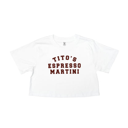 Front of white crop top with brown text saying "Tito's Espresso Martini"