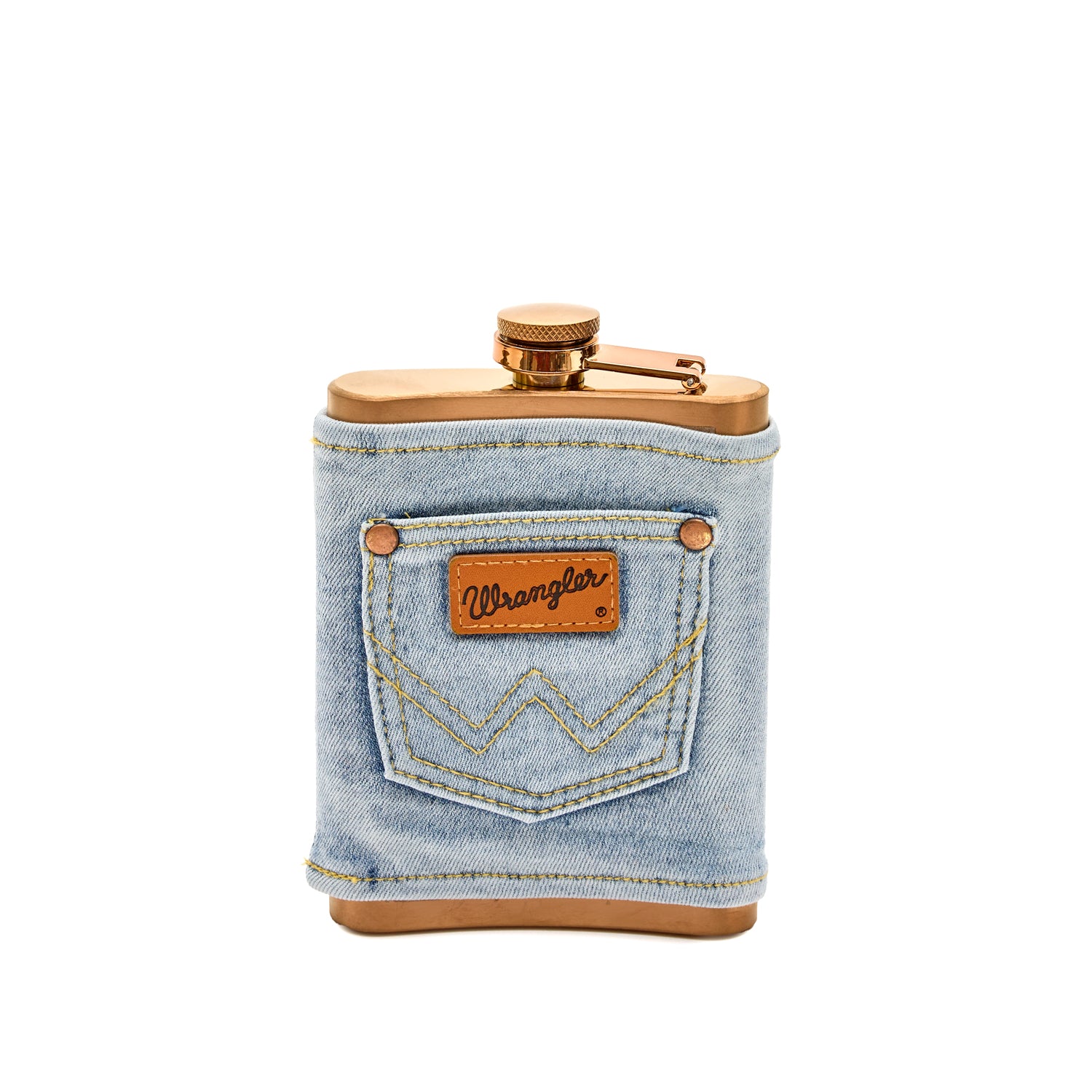 Back view of a copper flask with a Wrangler denim wrap with a pocket and Wrangler patch