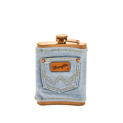 Back view of a copper flask with a Wrangler denim wrap with a pocket and Wrangler patch