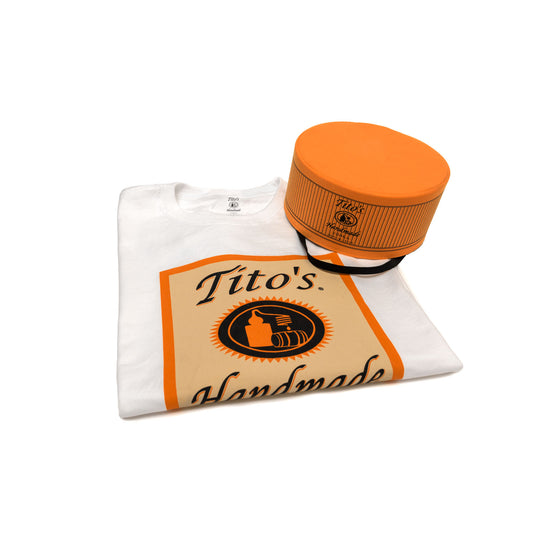 Tito's Handmade Vodka bottle cap and a white t-shirt with Tito's Handmade Vodka bottle label