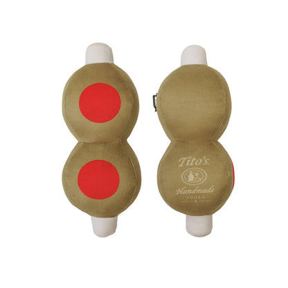 Front and back view of Dogtini Olive Clip on. Front has two red circles that mimic a stuff olive and the back has the Tito's Handmade Vodka logo 