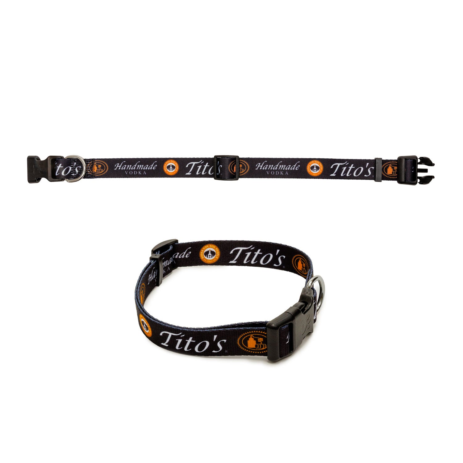 Two black dog collars with a repeating white 'Tito's Handmade Vodka' logo and orange circular 'Vodka For Dog People' logo shown on a plain white background.