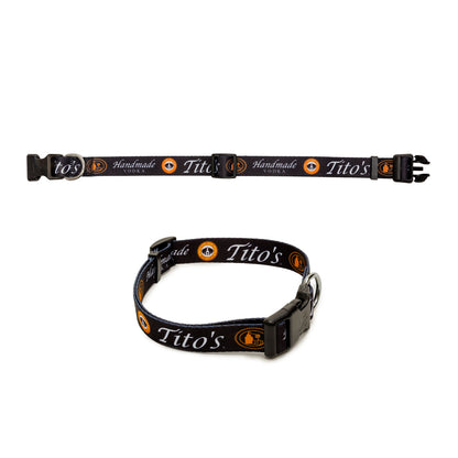 Two black dog collars with a repeating white 'Tito's Handmade Vodka' logo and orange circular 'Vodka For Dog People' logo shown on a plain white background.