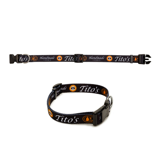 Two black dog collars with a repeating white 'Tito's Handmade Vodka' logo and orange circular 'Vodka For Dog People' logo shown on a plain white background.