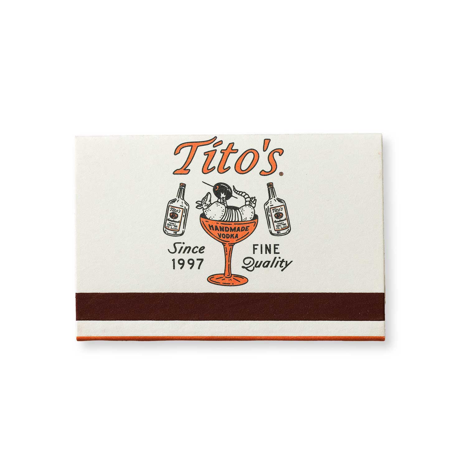 Back image of a closed Tito's Handmade Vodka branded matchbook with orange and white design of and armadillo holding an olive in a martini glass with a striker. 