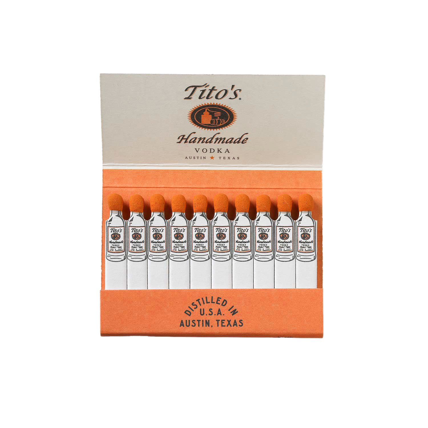 Picture of an opened matchbook with the Tito's Handmade Vodka logo. The matches are white with the Tito's bottle printed on each one and the strike is orange. 