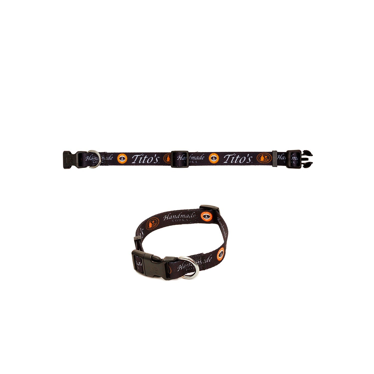 Two black dog collars with a repeating white 'Tito's Handmade Vodka' logo and orange circular 'Vodka For Dog People' logo shown on a plain white background.