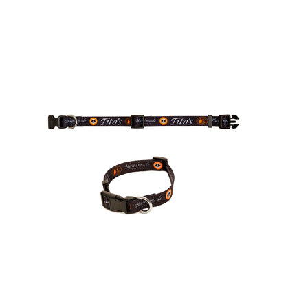 Two black dog collars with a repeating white 'Tito's Handmade Vodka' logo and orange circular 'Vodka For Dog People' logo shown on a plain white background.