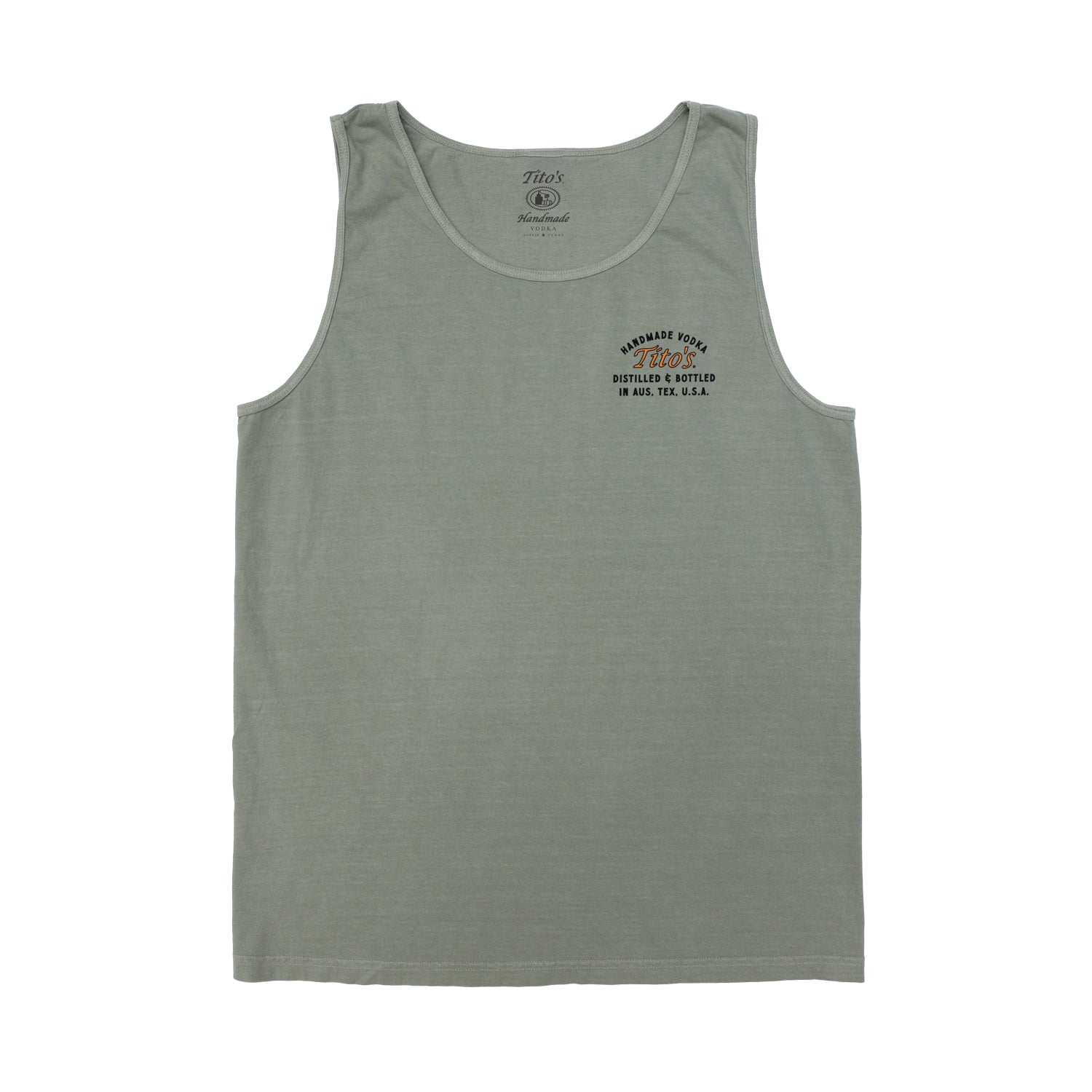 Front of mens sandstone colored tank top with small Tito's logo on the chest