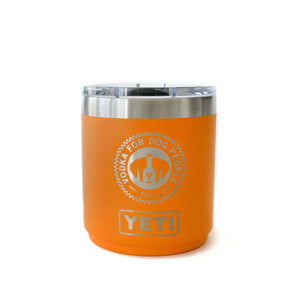 Back view of orange Yeti with Vodka for Dog People logo and YETI logo etched on