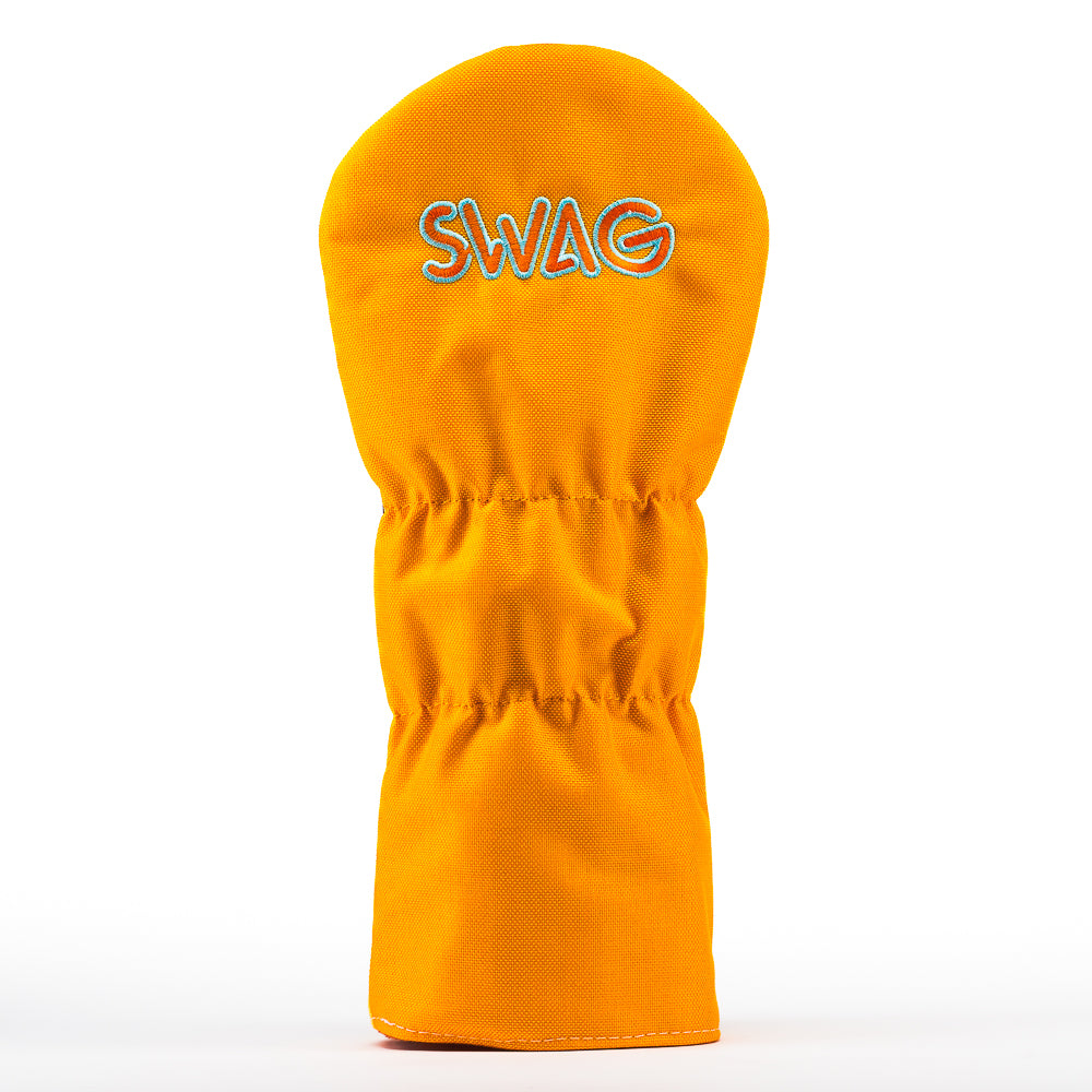 Back of orange driver cover with SWAG golf wordmark