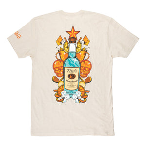 Back of natural color t-shirt with Tito's Handmade Vodka bottle, SWAG Golf skulls, cocktail and golf illustrations, and SWAG Golf wordmark on the sleeve