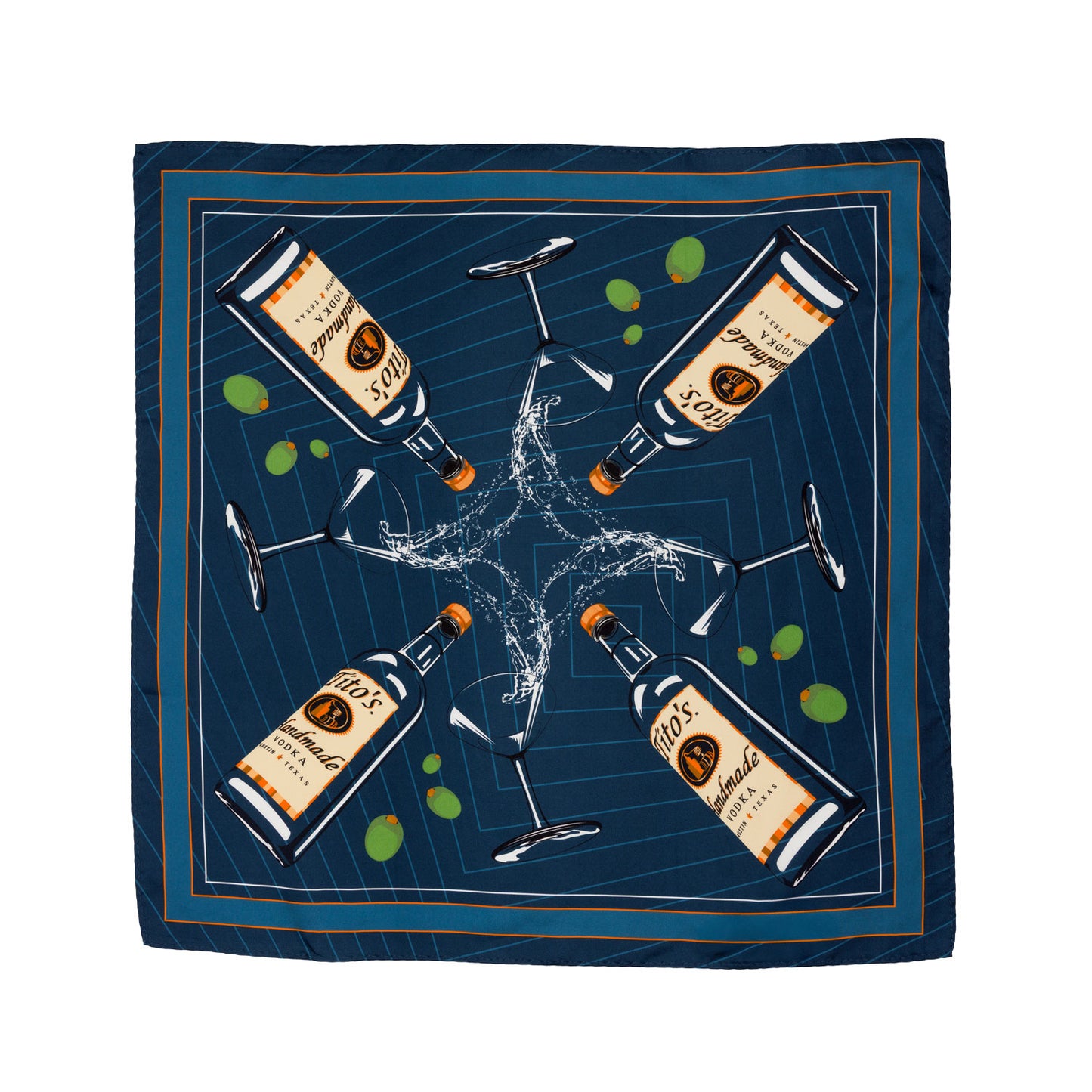 Blue silk scarf with a design of Tito's Handmade Vodka bottles and martini glasses overflowing with olives