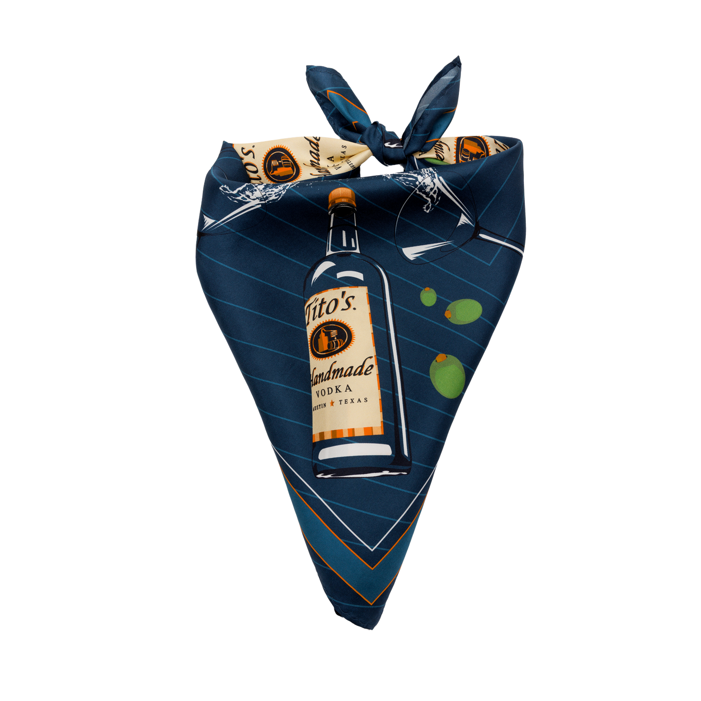 tied up Blue silk scarf with a design of Tito's Handmade Vodka bottles and martini glasses overflowing with olives