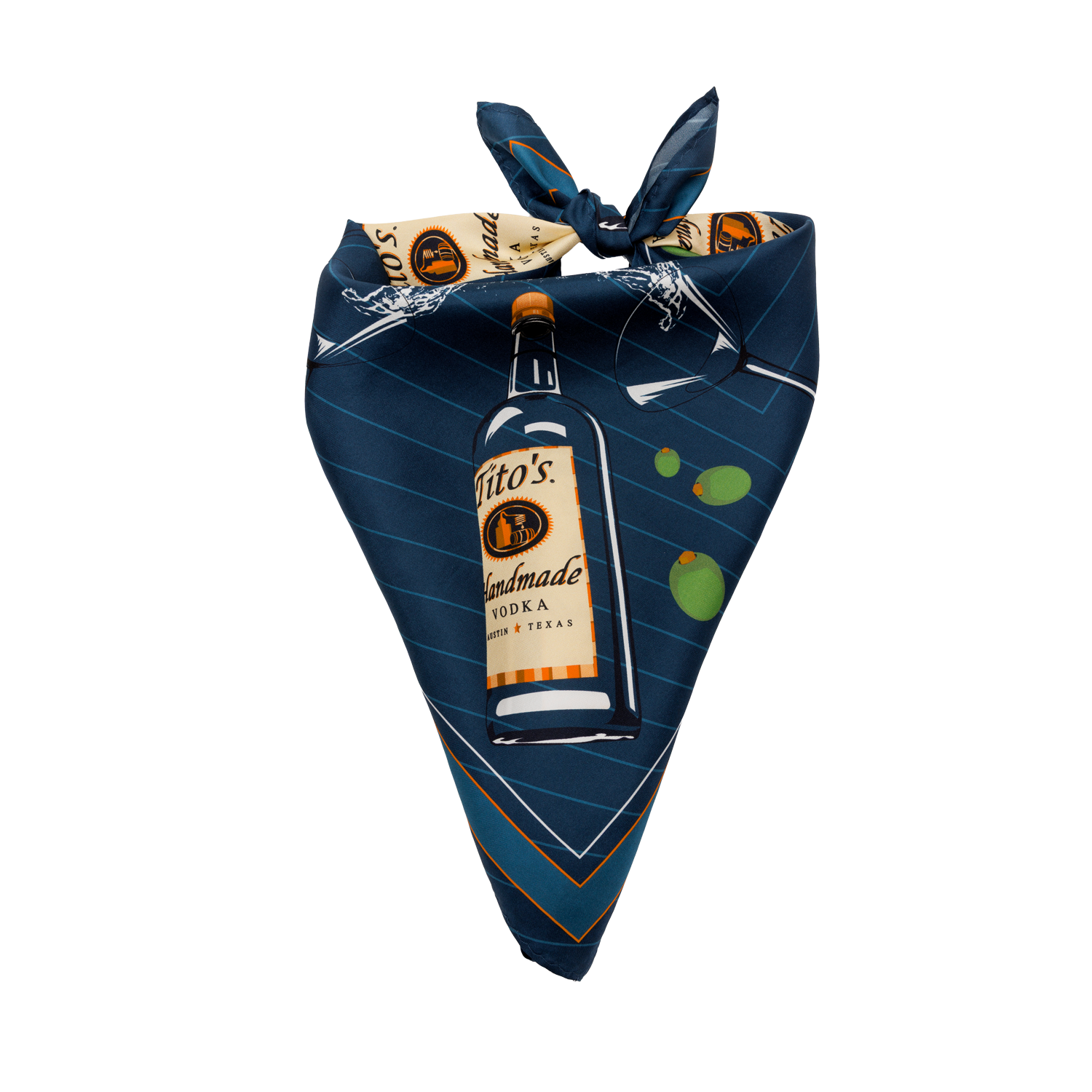 tied up Blue silk scarf with a design of Tito's Handmade Vodka bottles and martini glasses overflowing with olives