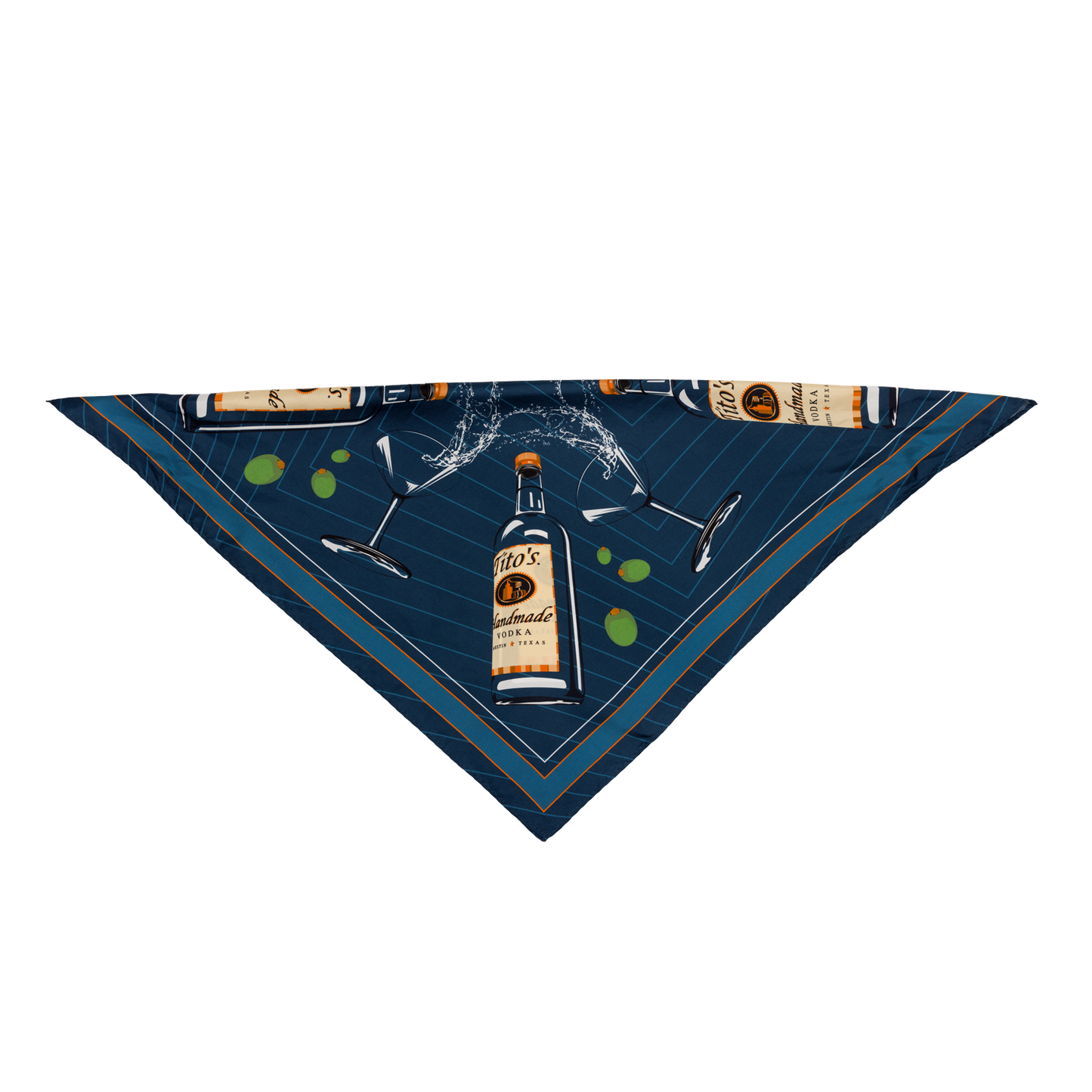 Blue silk scarf with a design of Tito's Handmade Vodka bottles and martini glasses overflowing with olives folded in half