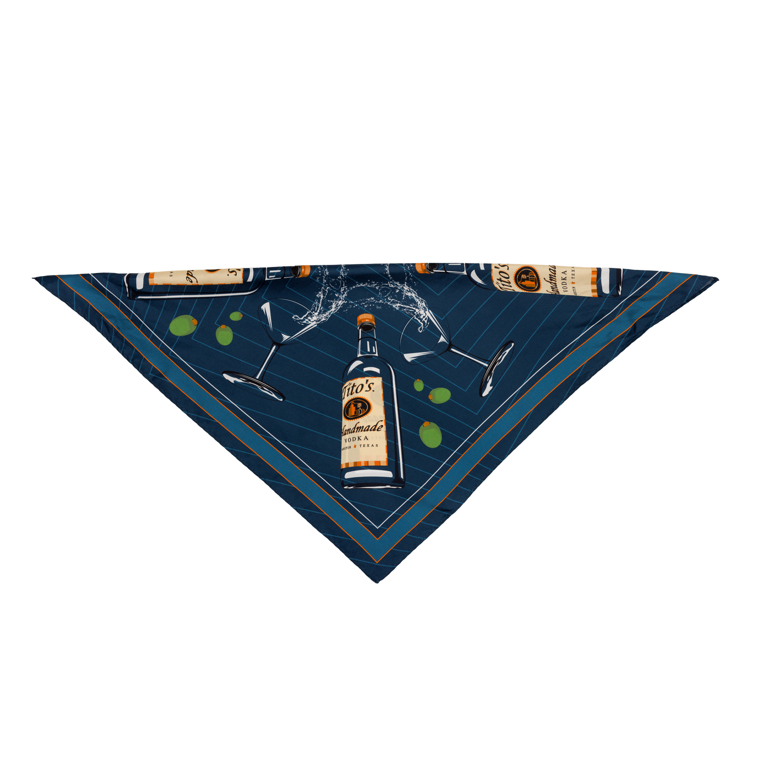 Blue silk scarf with a design of Tito's Handmade Vodka bottles and martini glasses overflowing with olives folded in half