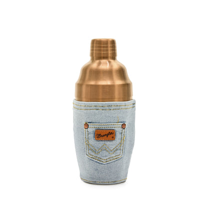 Back view of copper 3 piece shaker with a denim wrap with a Wrangler pocket with a leather Wrangler patch