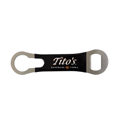 Metal bar key bottle opener with black vinyl and Tito's Handmade Vodka logo