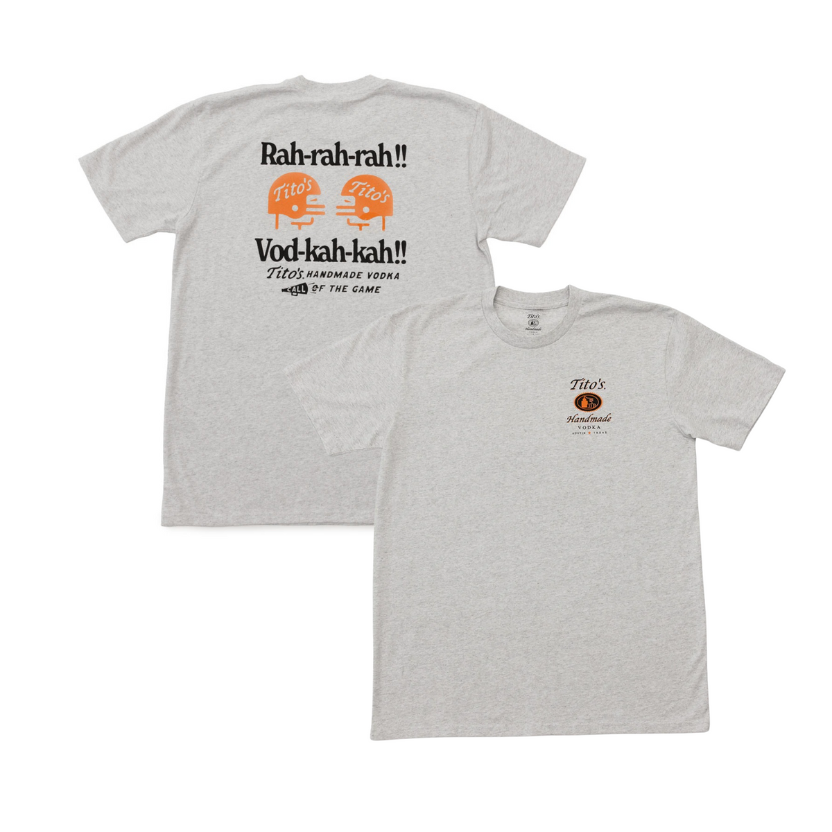 Front and back view of a heathered gray short sleeve shirt. The front has the Tito's Handmade Vodka logo on the left chest and the back has a graphic that says 'Rah-Rah-Rah!! Vod-kah-kah!! Tito's Handmade. Vodka Call of the Game' with two orange football helmets facing each other with Tito's wordmark inside. 
