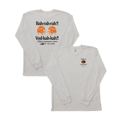 Front and back view of a heathered gray long sleeve shirt. The front has the Tito's Handmade Vodka logo on the left chest and the back has a graphic that says 'Rah-Rah-Rah!! Vod-kah-kah!! Tito's Handmade. Vodka Call of the Game' with two orange football helmets facing each other with Tito's wordmark inside. 