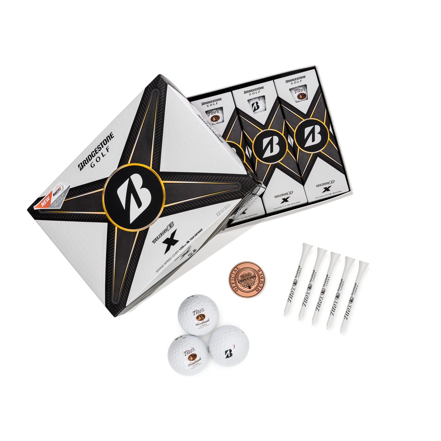 Box of Bridgestone golf balls with 3 golf balls. 5 white golf tees, and a Copper ball marker the says "Tito's Golf Club Official Member" 