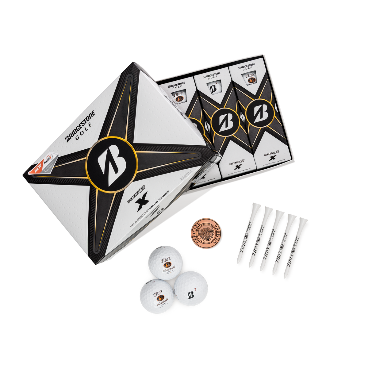 Box of Bridgestone golf balls with 3 golf balls. 5 white golf tees, and a Copper ball marker the says "Tito's Golf Club Official Member" 