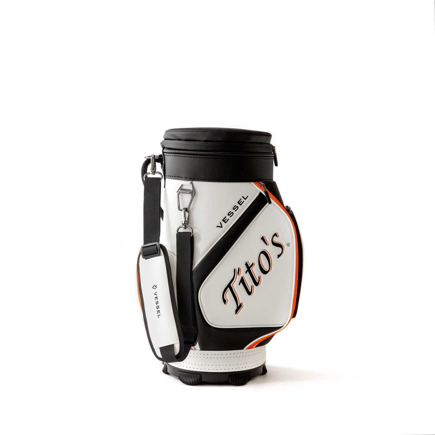 Side view of orange, black, and white VESSEL Cool Caddy with Tito's and VESSEL wordmark and padded shoulder strap
