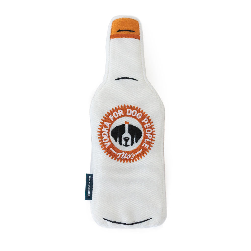 Back view of Tito's Bottle Toy with Vodka For Dog People logo