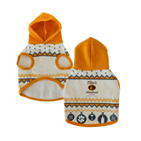 Front and back view of cream dog hoodie with orange hood and blue ornaments printed with paw print, martini, bottle, and snowflakes with Tito's Handmade Vodka logo in the center of sweater