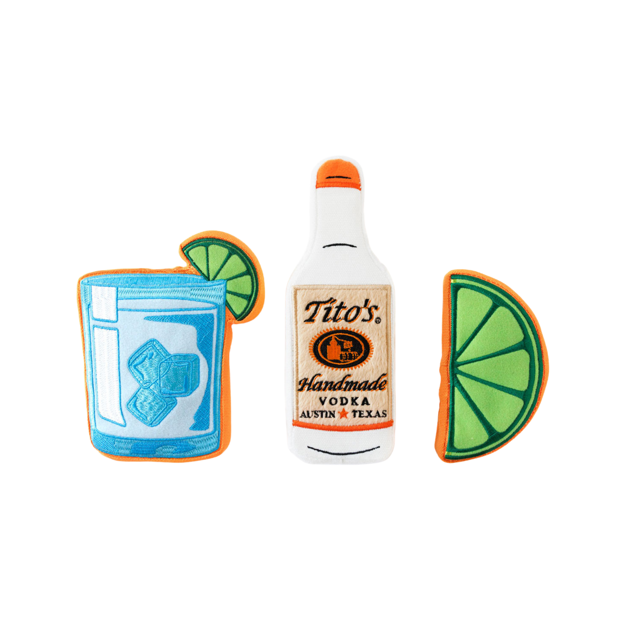 Front view of Tito's Bottle Toy with Tito's Handmade Vodka logo, Tito's Puptail squeeze toy, and Tito's Squeeze lime toy