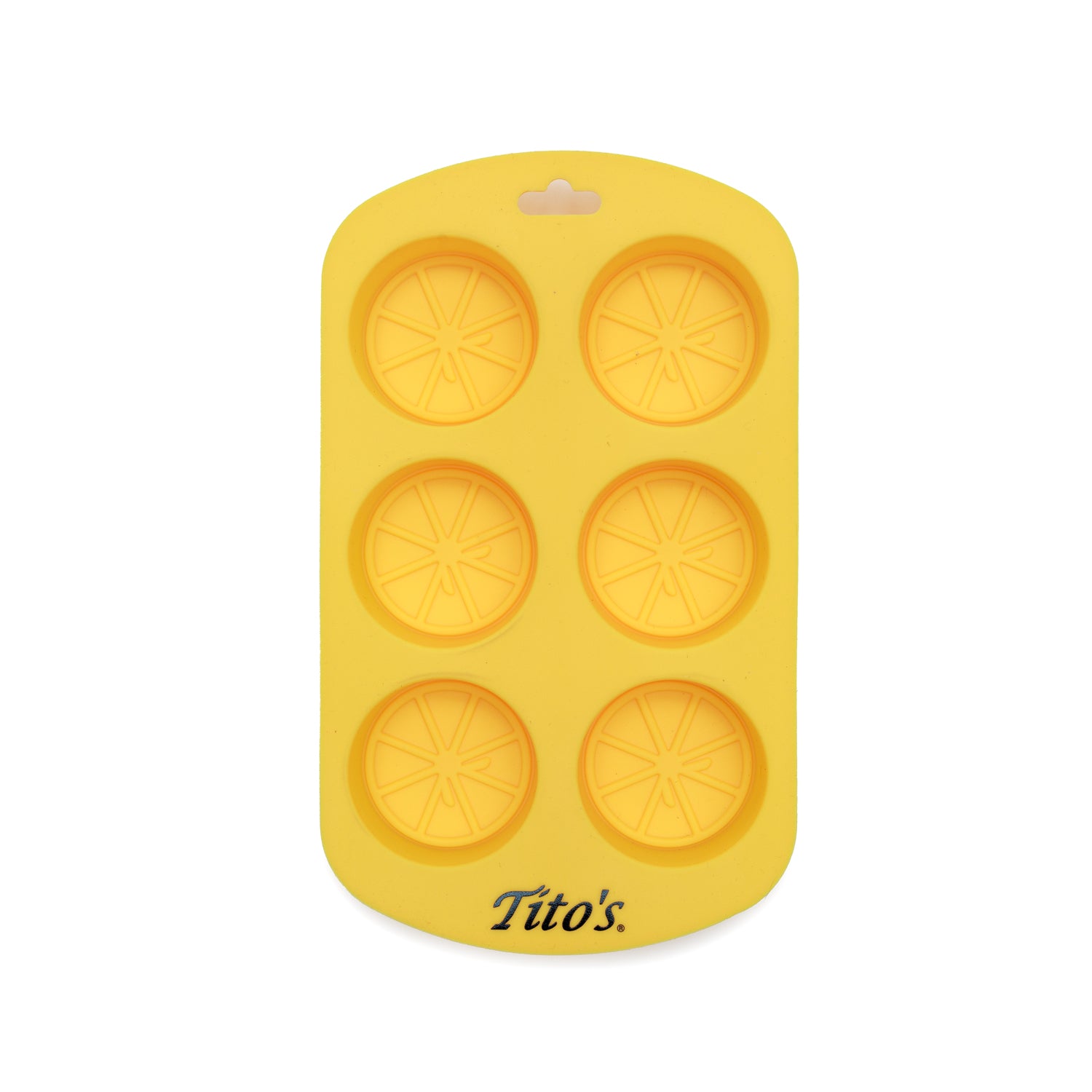 Yellow silicone ice mold with 6 circles with lemon details and Tito's wordmark in black on the bottom