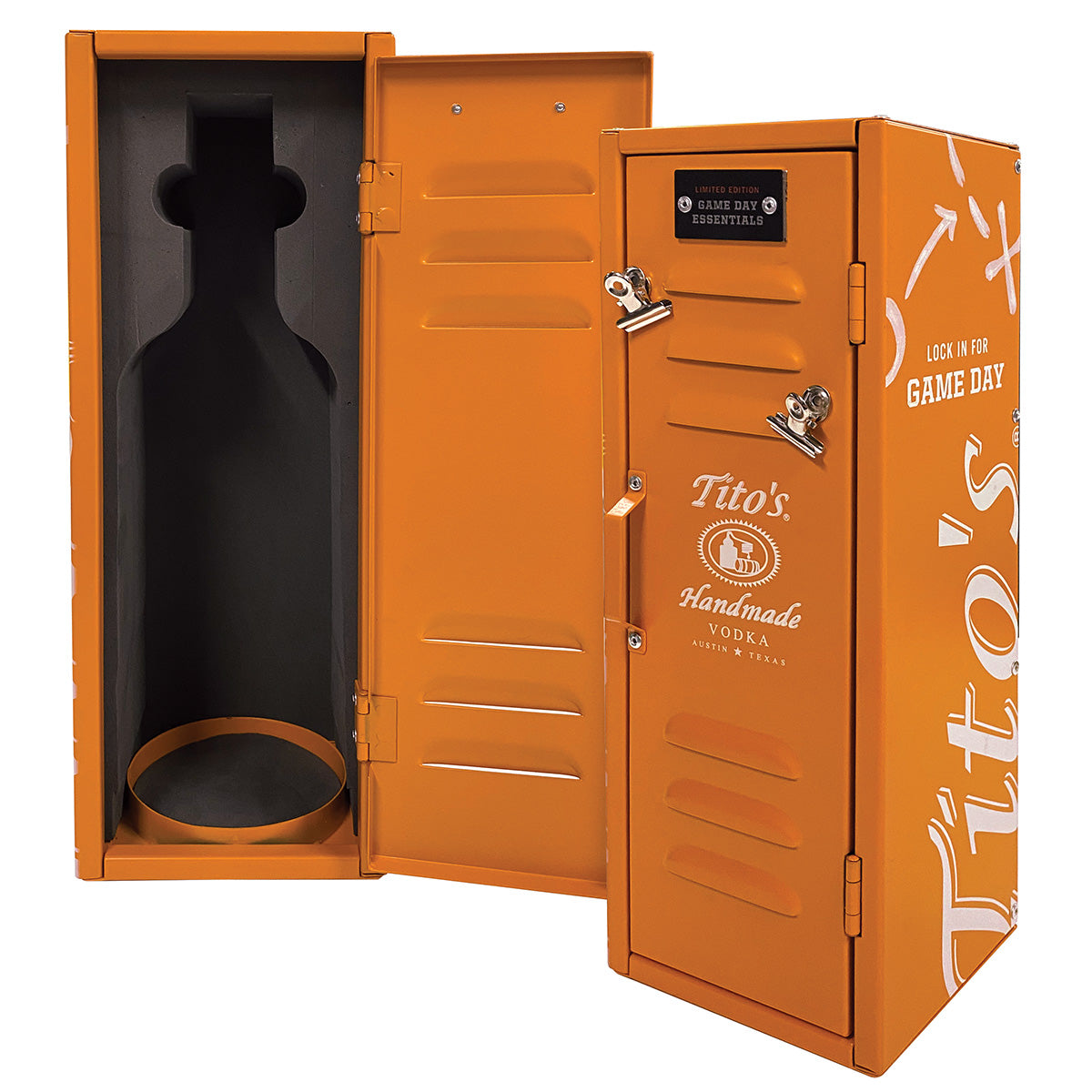 Orange sheet metal locker with Tito's Handmade Vodka Logo