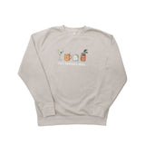 Front of natural color crewneck sweatshirt with illustrations of a martini, mule, Tito's soda lime, bloody mary, and Tito's Handmade Vodka text