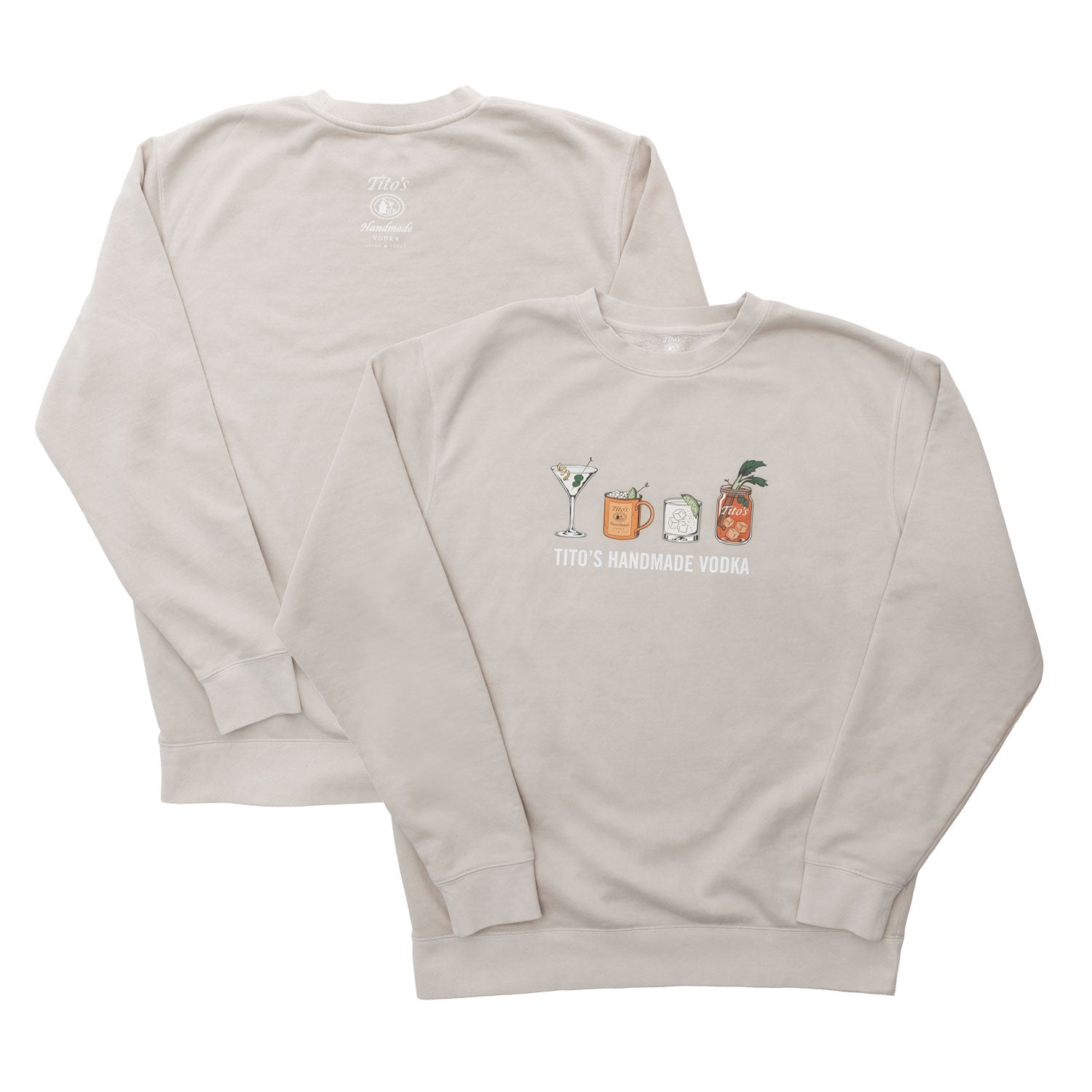 Natural color crewneck sweatshirt with illustrations of a martini, mule, Tito's soda lime, bloody mary, and Tito's Handmade Vodka text on front and Tito's logo on back