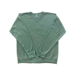 Front view of evergreen colored long sleeve crewneck pullover with Tito's embroidered wordmark