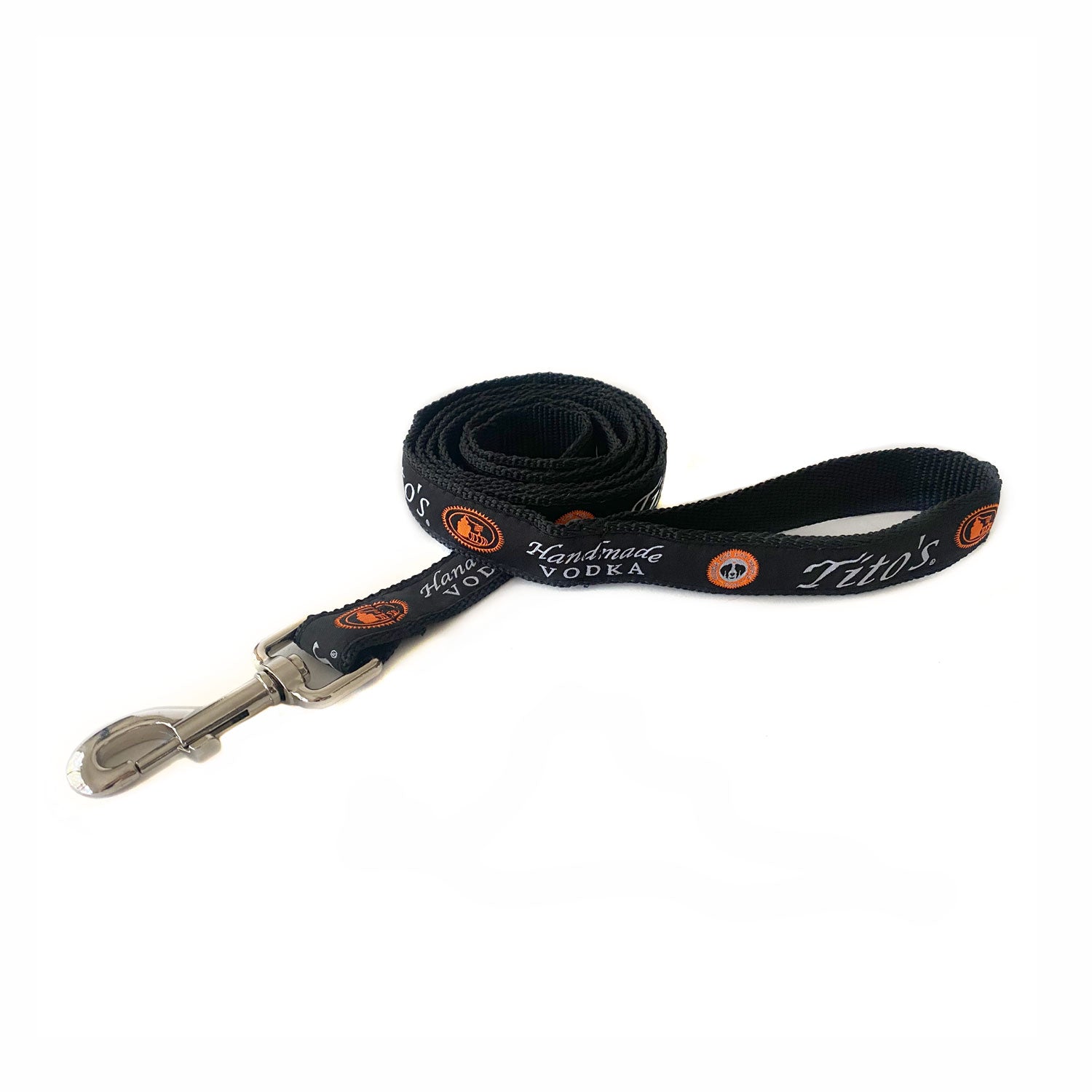Dog leash with Tito's logo and Vodka For Dog People logo