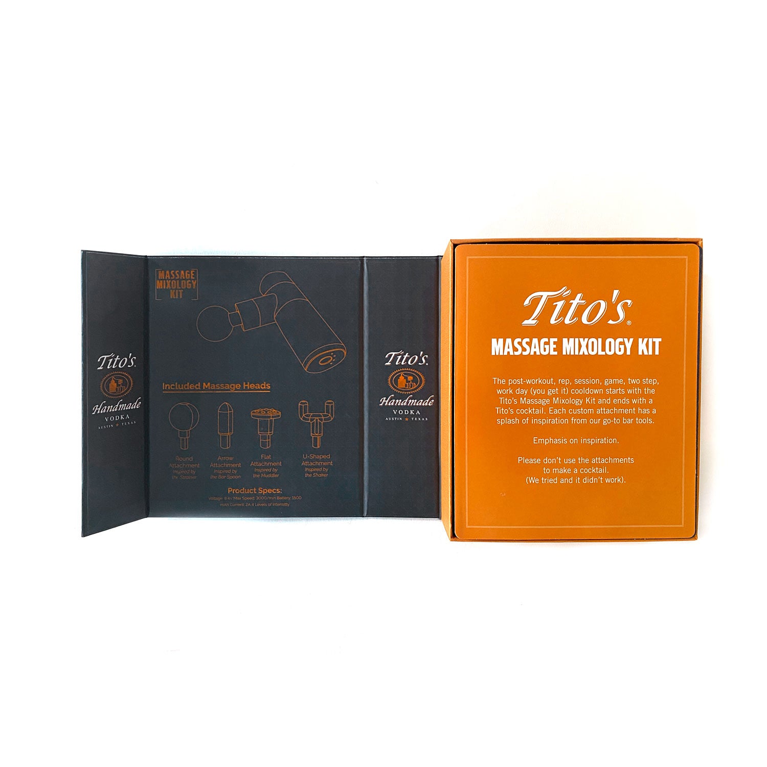 Inside of Tito's Massage Mixology Kit premium packaging box
