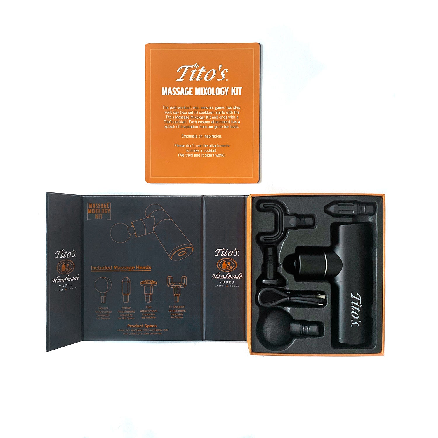 Tito's Massage Mixology Kit with premium packaging box, four attachment heads, and charger