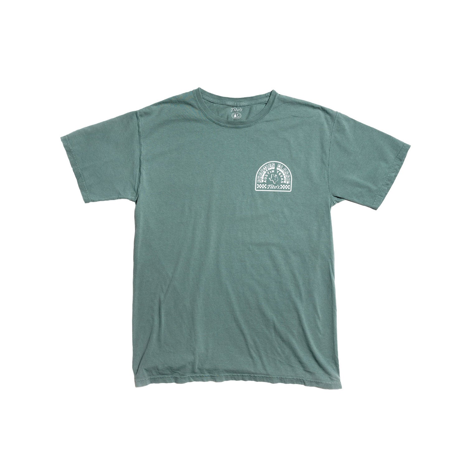 Front of sage green t-shirt with Shorties Classic, Austin, Texas, and Tito's design