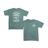 Sage green t-shirt with Tito's Shorties Classic and Austin, Texas design on front and Tito's bottle and golf and cocktail illustrations on back