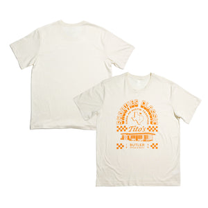 Front and back of cream colored short-sleeve t-shirt with Tito's Shorties Classic and Butler Pitch & Putt illustration on front and plain back