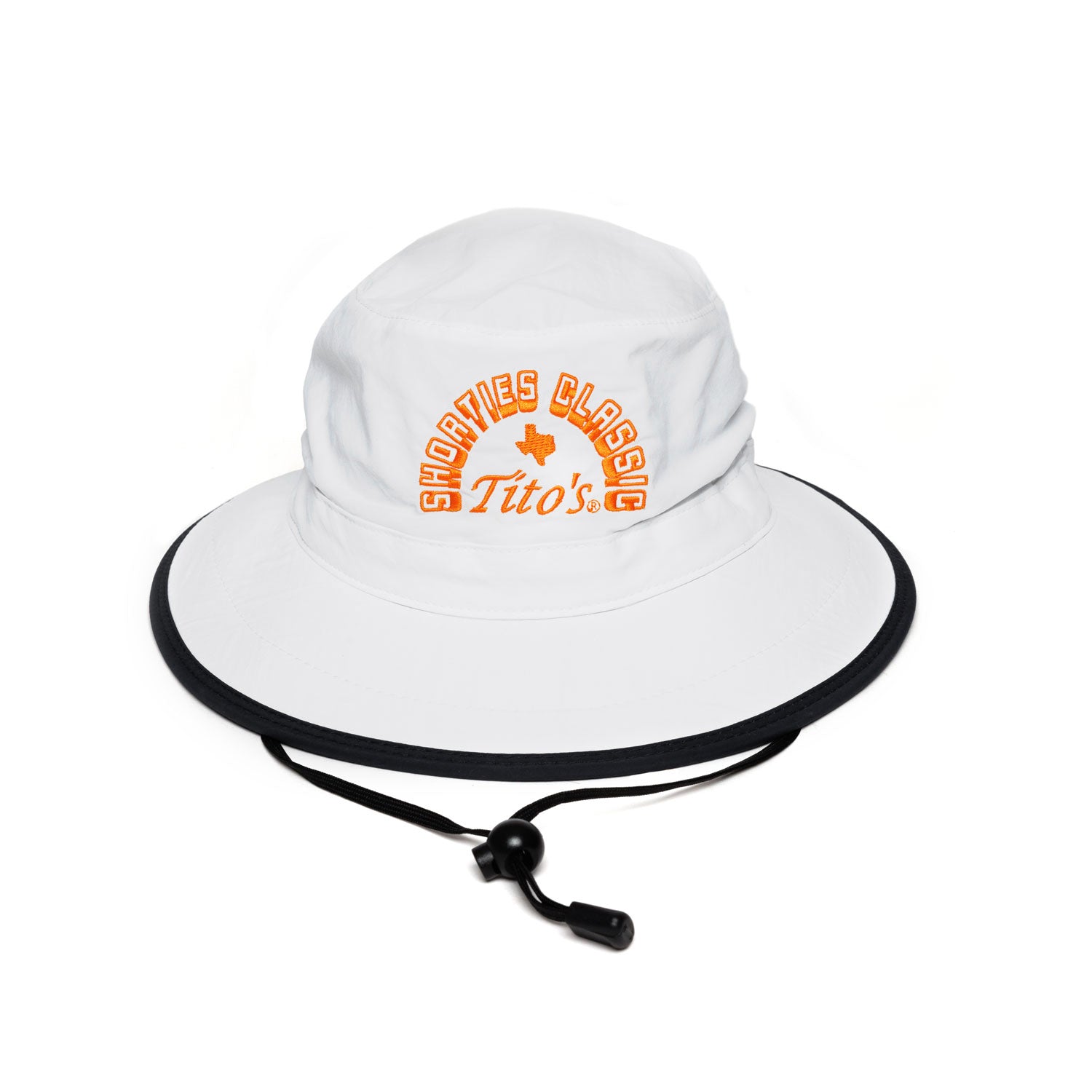 White bucket hat with orange Tito's Shorties Classic wordmark and adjustable chin strap