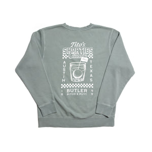 Back of sage green crewneck sweatshirt with Tito's Shorties Classic, Butler Pitch & Putt, Austin, Texas text with cocktail design