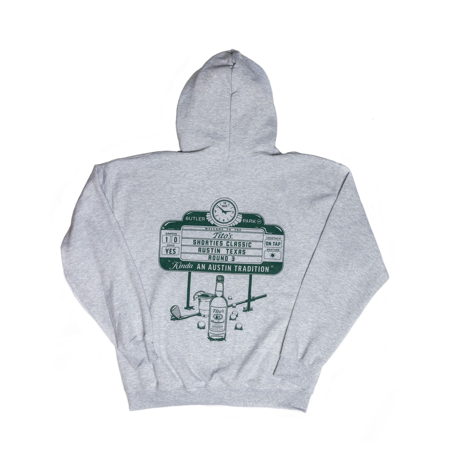 Back of gray hooded sweatshirt with scoreboard design, Tito's Handmade Vodka bottle, cocktail and golf illustrations