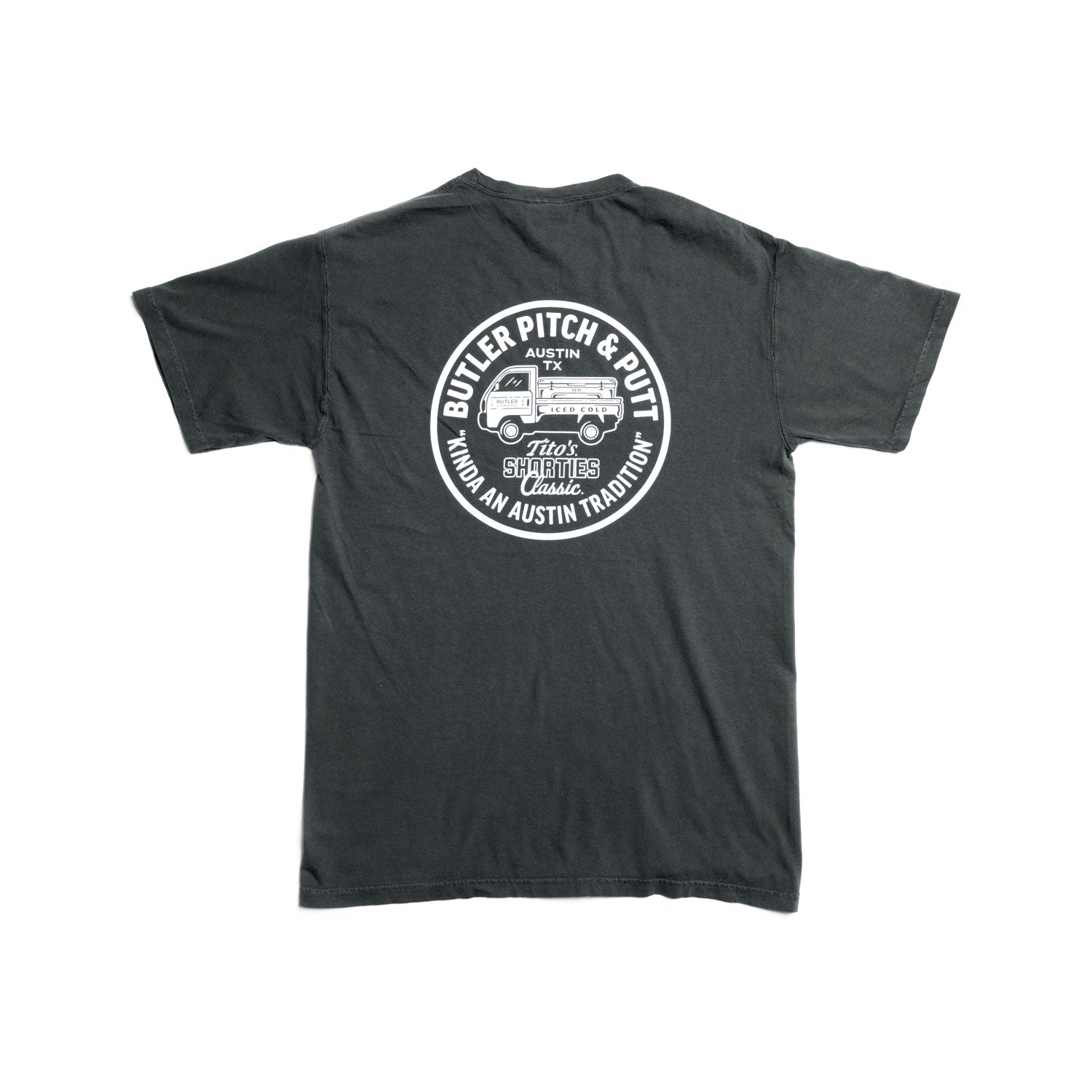 Back of charcoal gray t-shirt with Butler Pitch & Putt design